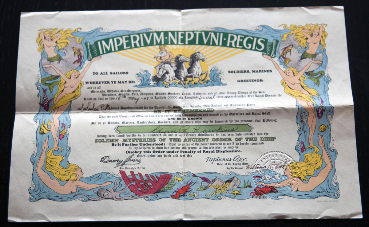 SS Sea Pike Neptune Ceremony Crossing certificate